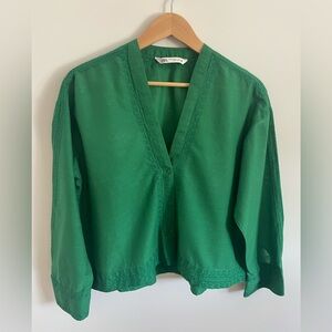 Zara Green Boxy 3/4 Sleeve Blouse with Mandarin Collar